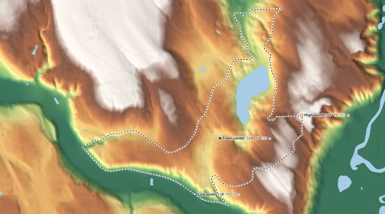 Topographic elevation map of Ames Lake, Washington, shaded from 130 ft on the southwest side to 540 ft on the east side