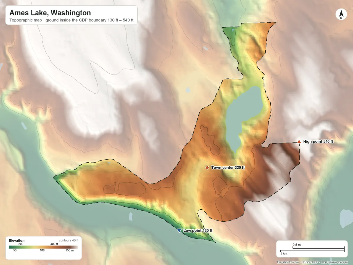 Topographic elevation map of Ames Lake, Washington, shaded from 130 ft on the southwest side to 540 ft on the east side