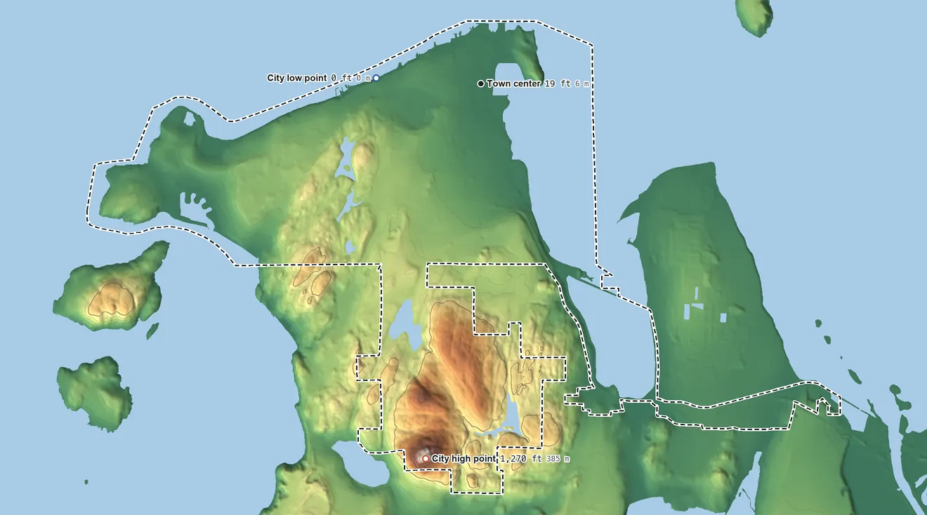 Topographic elevation map of Anacortes, Washington, shaded from sea level level on the Guemes Channel to 1,270 ft on Mount Erie