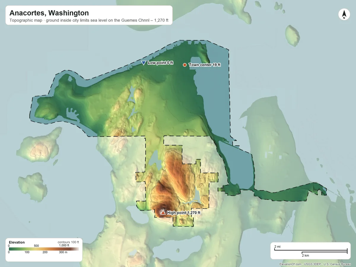 Topographic elevation map of Anacortes, Washington, shaded from sea level level on the Guemes Channel to 1,270 ft on Mount Erie