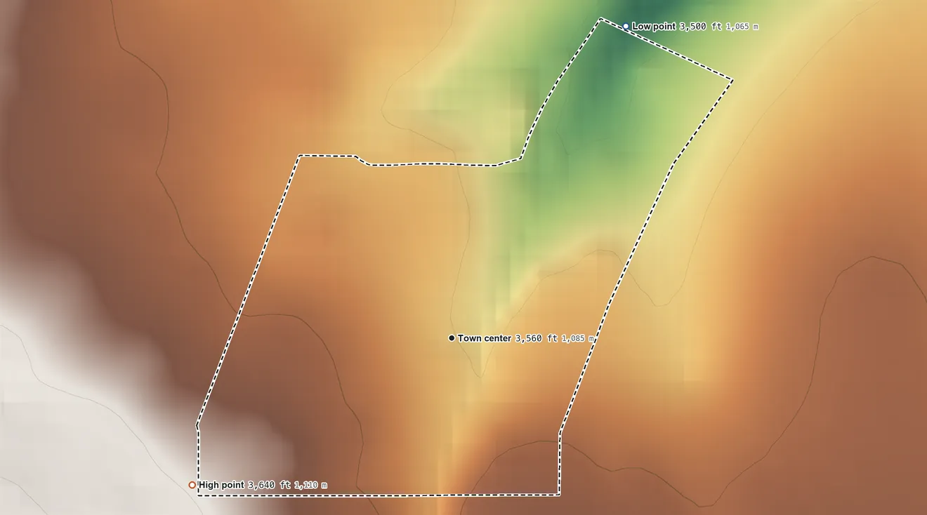 Topographic elevation map of Anatone, Washington, shaded from 3,500 ft on the northeast side to 3,640 ft on the southwest side