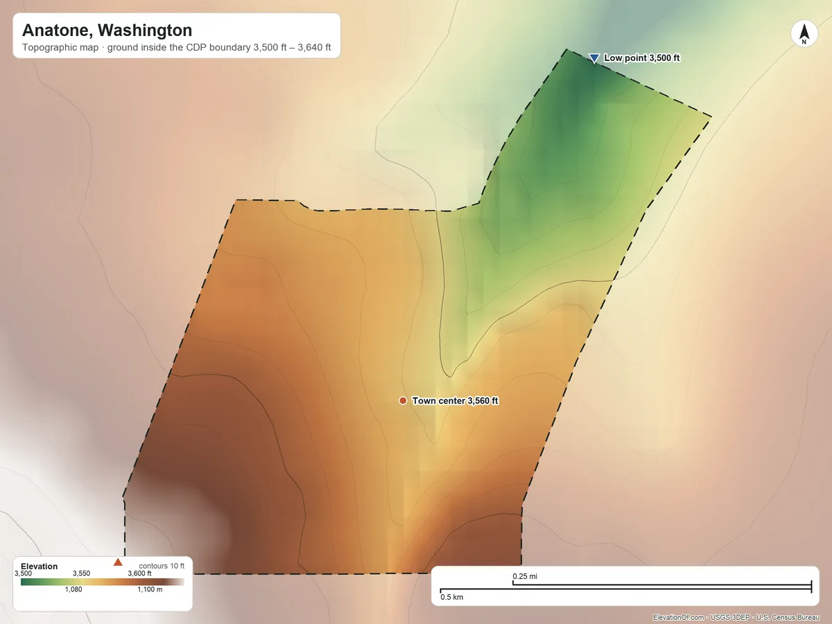 Topographic elevation map of Anatone, Washington, shaded from 3,500 ft on the northeast side to 3,640 ft on the southwest side