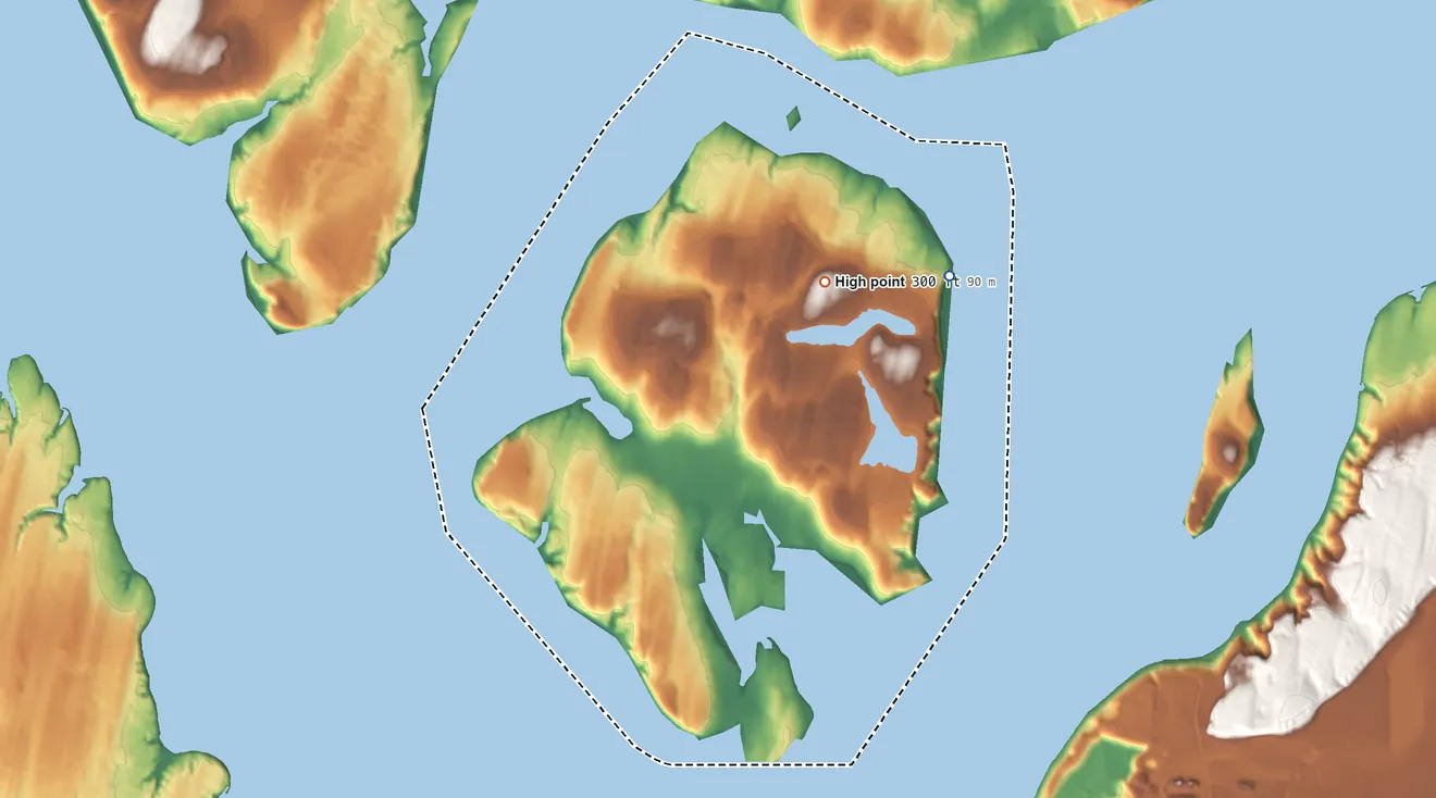 Topographic elevation map of Anderson Island, Washington, shaded from sea level level on Carr Inlet to 300 ft on the north side