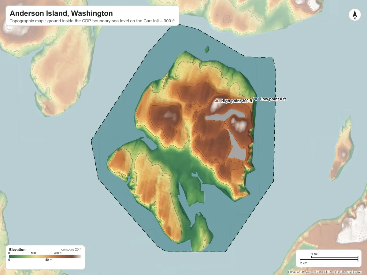 Topographic elevation map of Anderson Island, Washington, shaded from sea level level on Carr Inlet to 300 ft on the north side