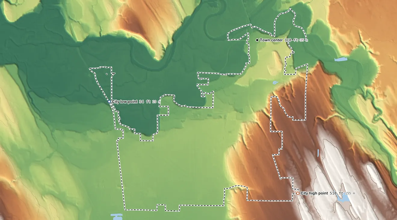 Topographic elevation map of Arlington, Washington, shaded from 34 ft on the southwest side to 510 ft on the south side