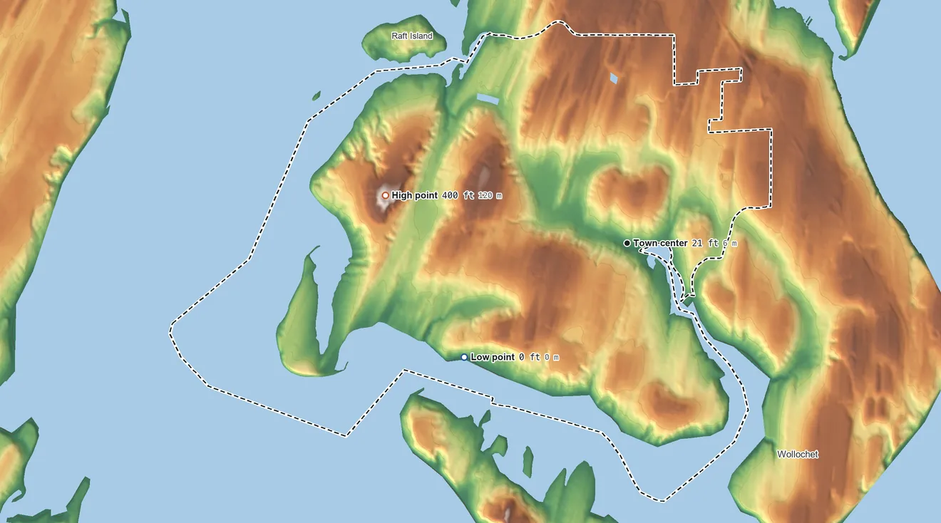 Topographic elevation map of Artondale, Washington, shaded from sea level level on the Salish Sea to 400 ft on the west side