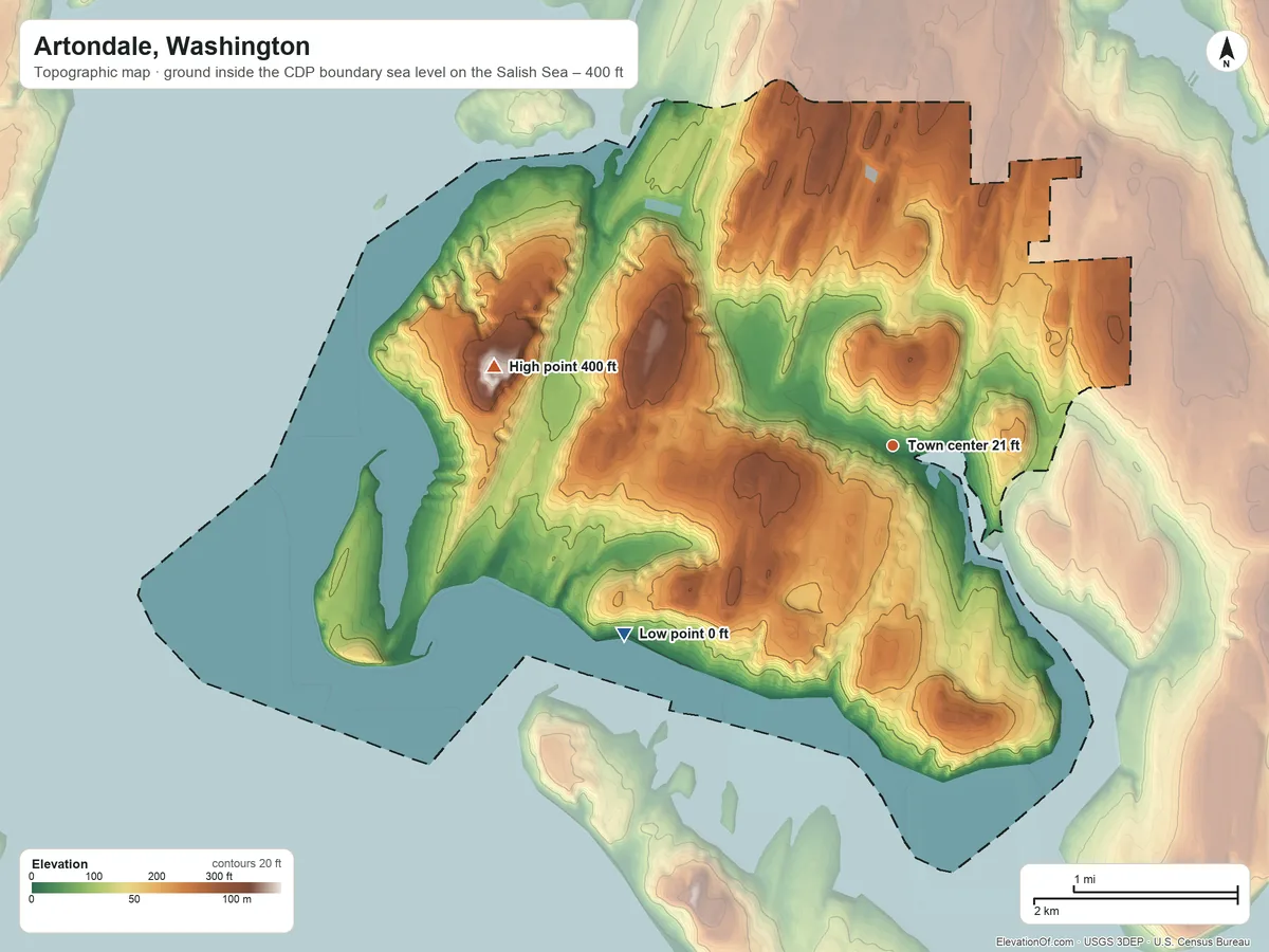 Topographic elevation map of Artondale, Washington, shaded from sea level level on the Salish Sea to 400 ft on the west side