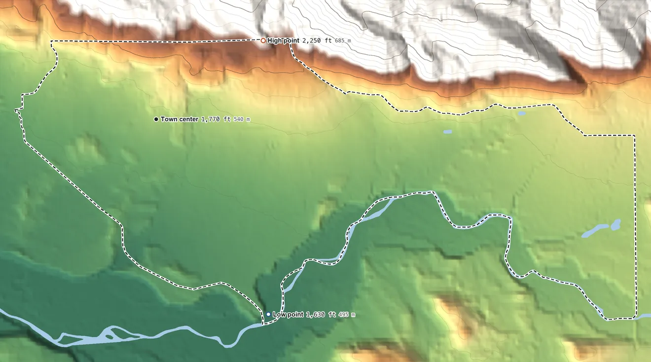 Topographic elevation map of Ashford, Washington, shaded from 1,630 ft on the southeast side to 2,250 ft at the foot of the Cascade Range