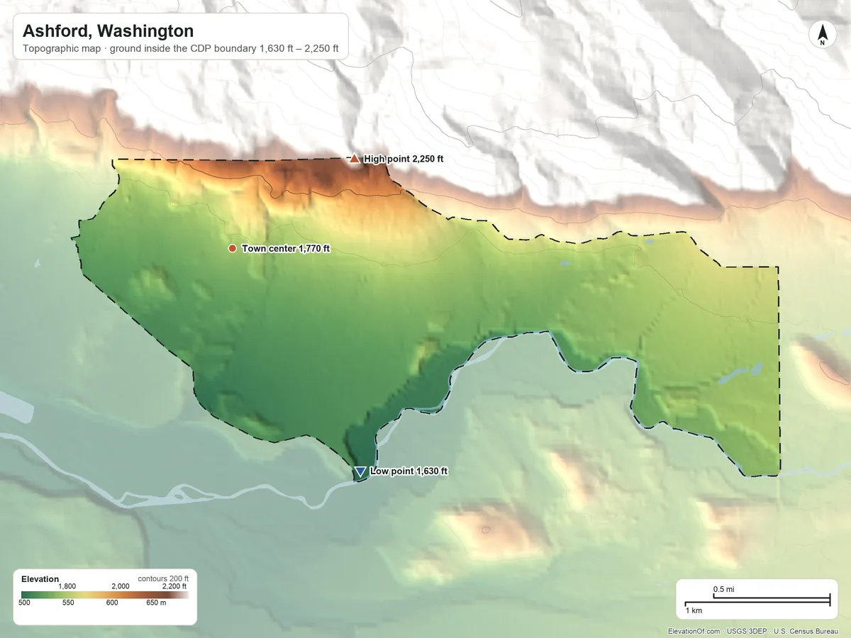 Topographic elevation map of Ashford, Washington, shaded from 1,630 ft on the southeast side to 2,250 ft at the foot of the Cascade Range