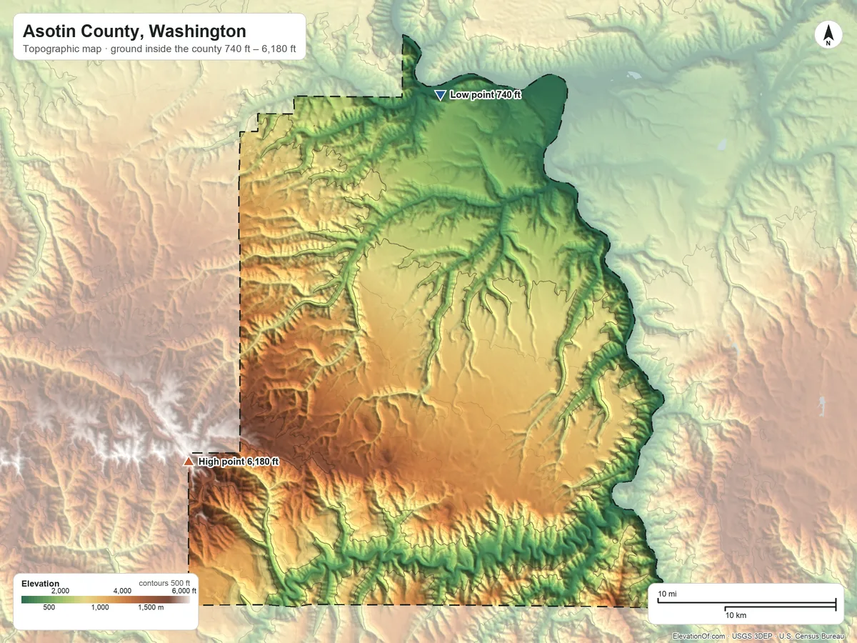 Topographic elevation map of Asotin County, Washington, shaded from 740 ft on the north side to 6,180 ft on the southwest side