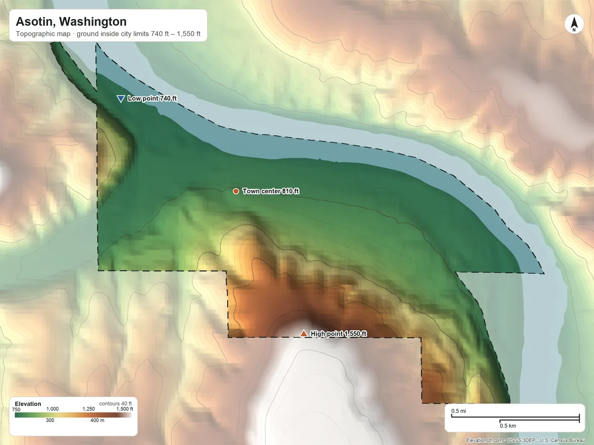 Topographic elevation map of Asotin, Washington, shaded from 740 ft on the northwest side to 1,550 ft on the southeast edge, below higher ground just outside
