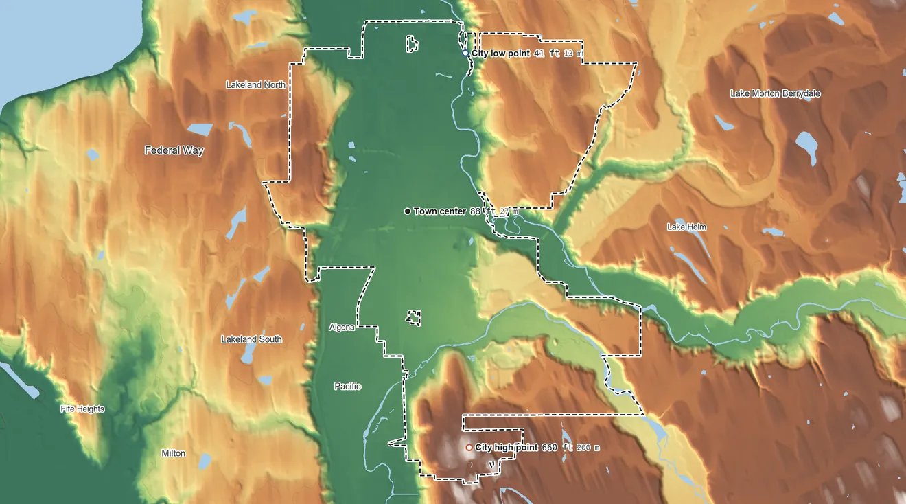 Topographic elevation map of Auburn, Washington, shaded from 41 ft on the north side to 660 ft on the south side