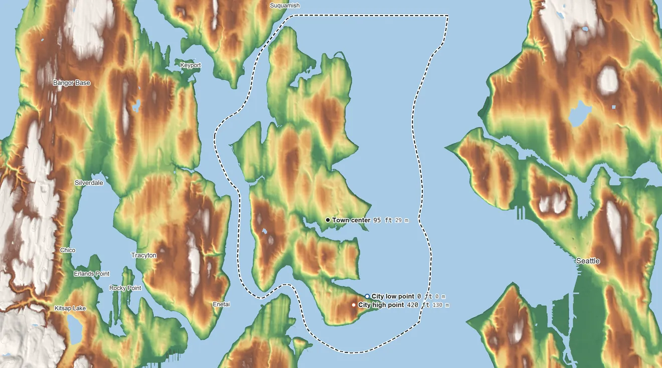 Topographic elevation map of Bainbridge Island, Washington, shaded from sea level level on Puget Sound to 420 ft on the south side