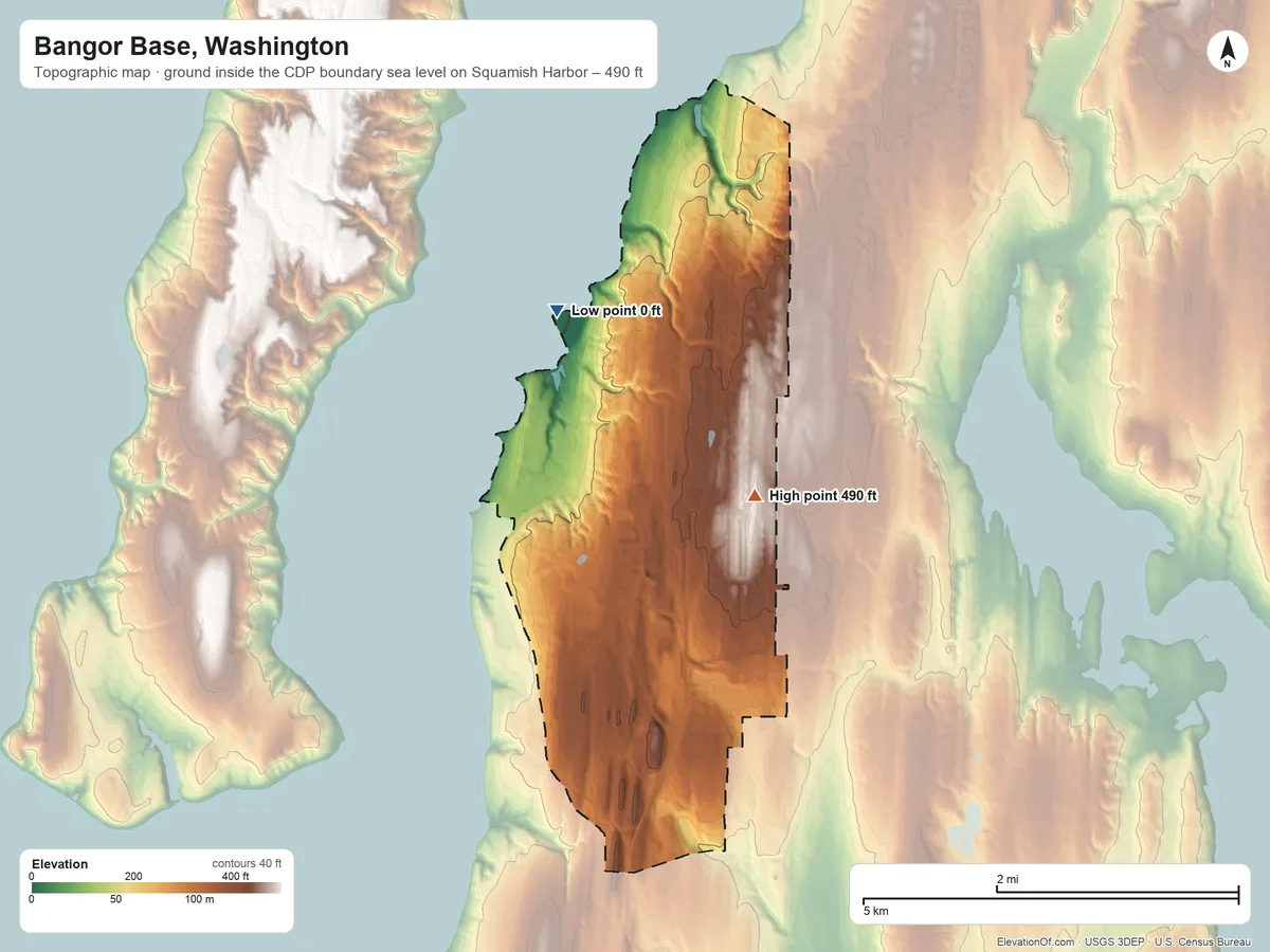 Topographic elevation map of Bangor Base, Washington, shaded from sea level level on Squamish Harbor to 490 ft on the north side