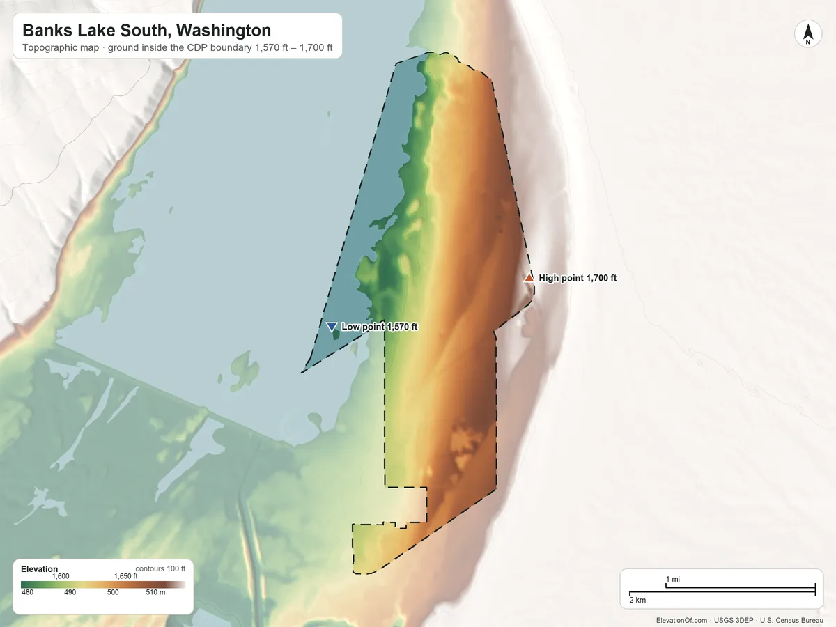 Topographic elevation map of Banks Lake South, Washington, shaded from 1,570 ft on the west side to 1,700 ft on the east side