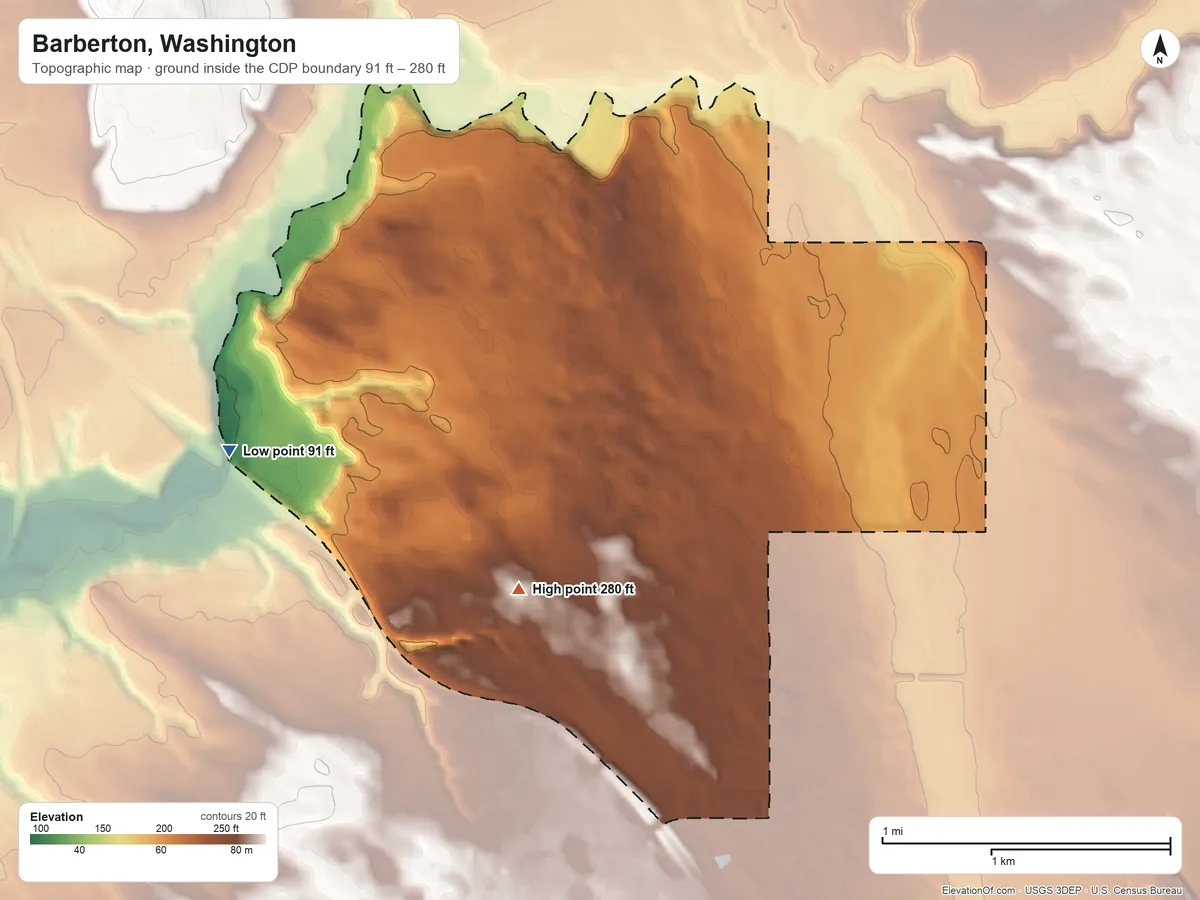 Topographic elevation map of Barberton, Washington, shaded from 91 ft on the west side to 280 ft near the middle