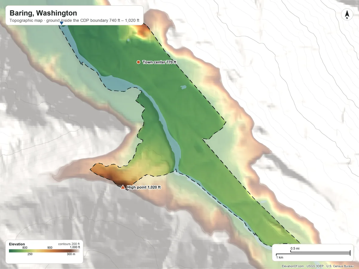 Topographic elevation map of Baring, Washington, shaded from 740 ft on the northwest side to 1,020 ft on the south edge, below higher ground just outside