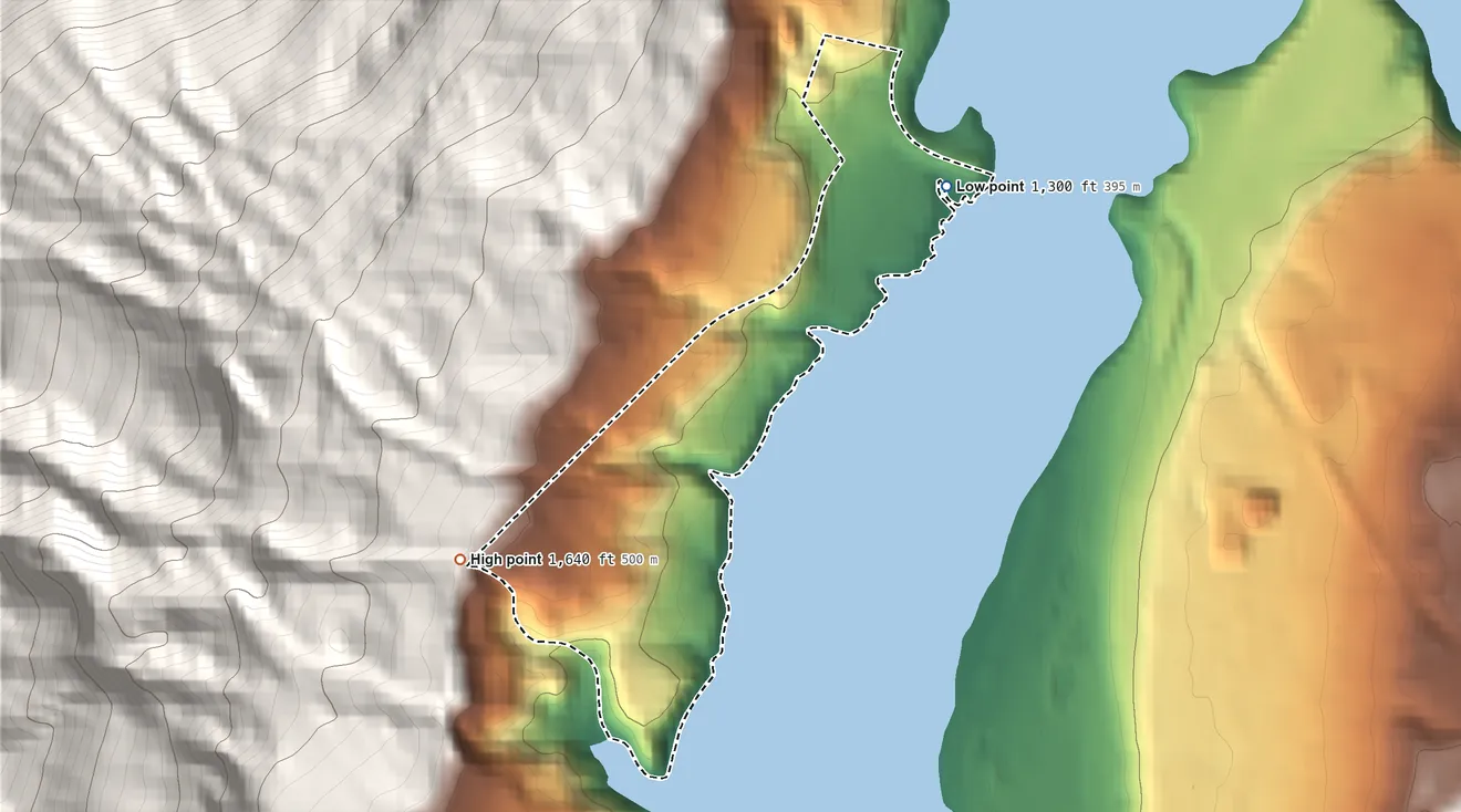 Topographic elevation map of Barney's Junction, Washington, shaded from 1,300 ft on the northeast side to 1,640 ft at the foot of the Huckleberry Range