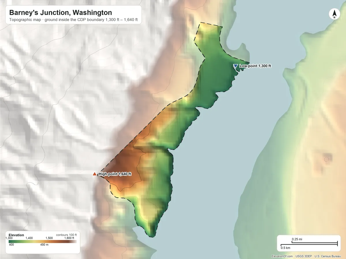 Topographic elevation map of Barney's Junction, Washington, shaded from 1,300 ft on the northeast side to 1,640 ft at the foot of the Huckleberry Range