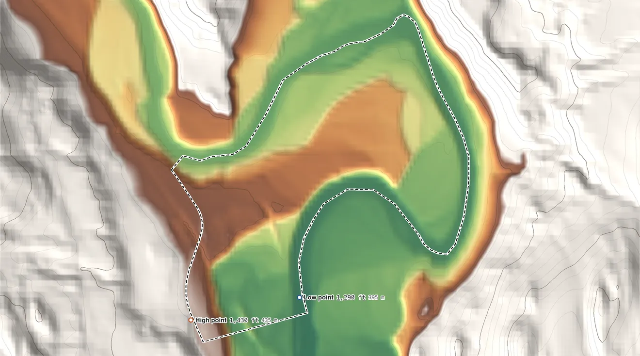 Topographic elevation map of Barstow, Washington, shaded from 1,290 ft on the southwest side to 1,430 ft at the foot of the Kettle River Range