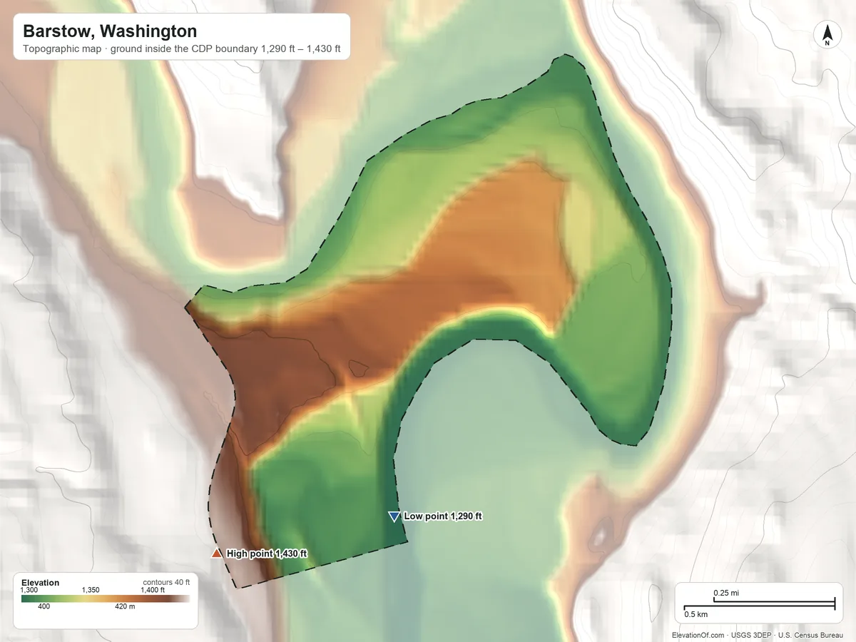 Topographic elevation map of Barstow, Washington, shaded from 1,290 ft on the southwest side to 1,430 ft at the foot of the Kettle River Range