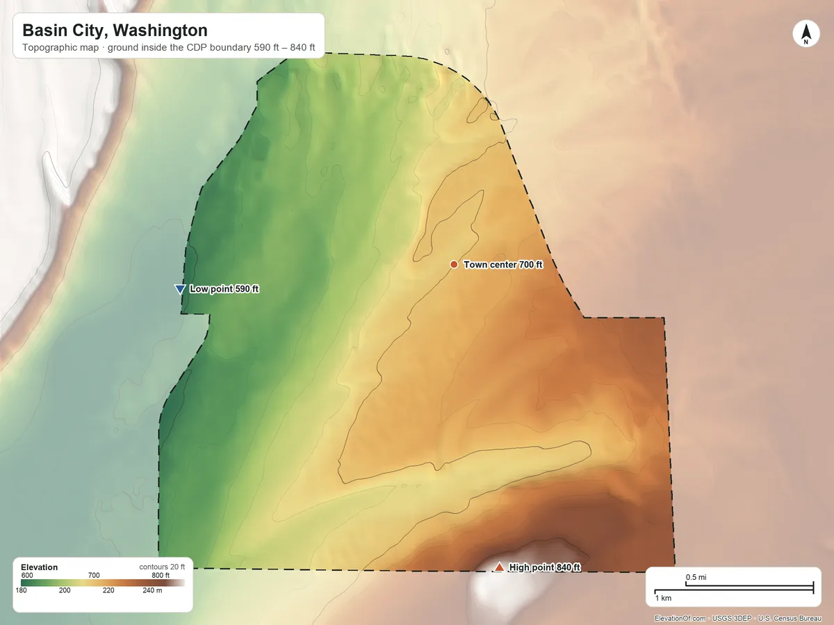 Topographic elevation map of Basin City, Washington, shaded from 590 ft on the west side to 840 ft on the south side