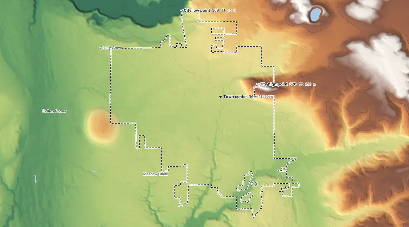 Topographic elevation map of Battle Ground, Washington, shaded from 160 ft on the northwest side to 620 ft on the east edge, below higher ground just outside