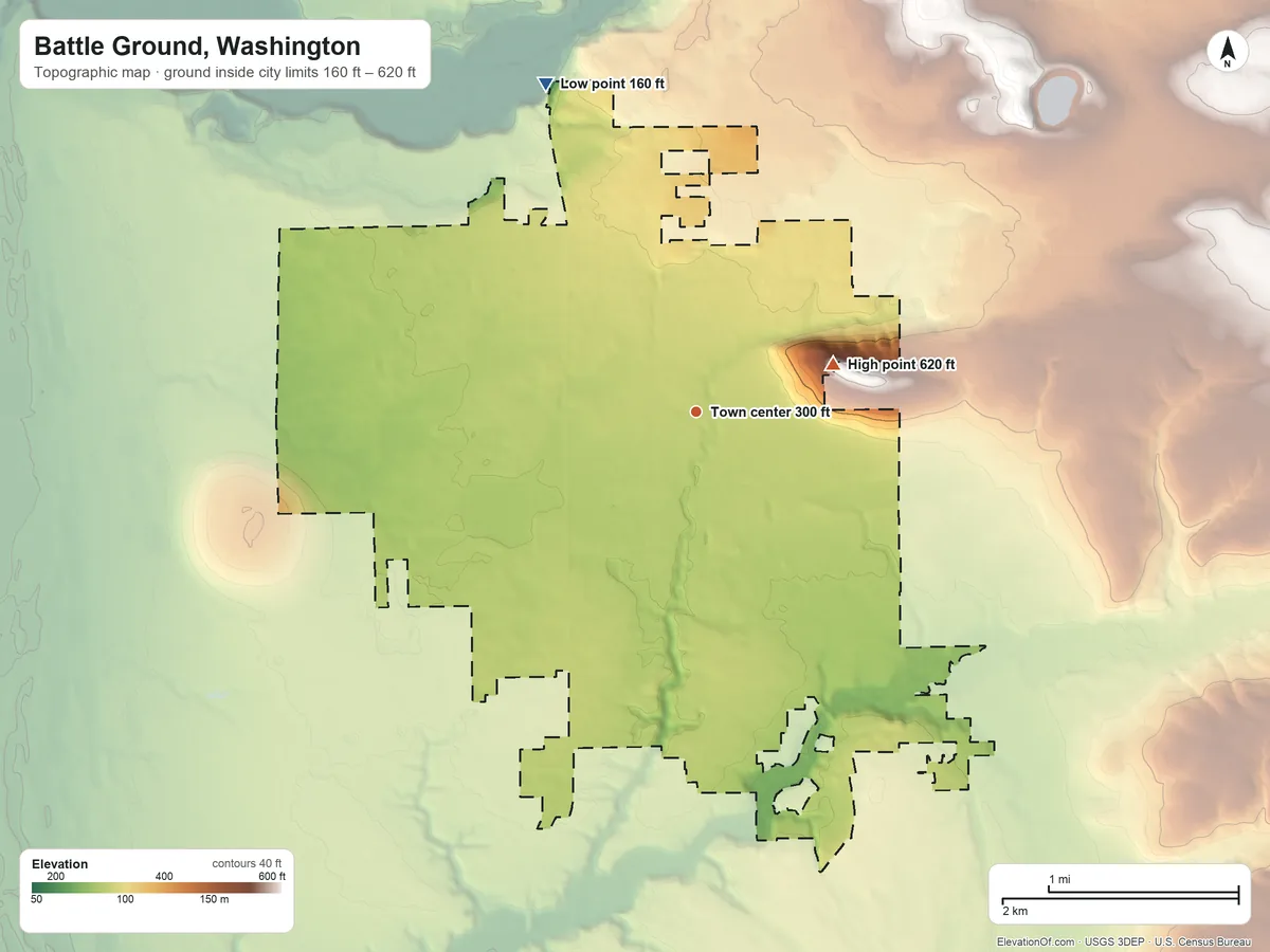 Topographic elevation map of Battle Ground, Washington, shaded from 160 ft on the northwest side to 620 ft on the east edge, below higher ground just outside