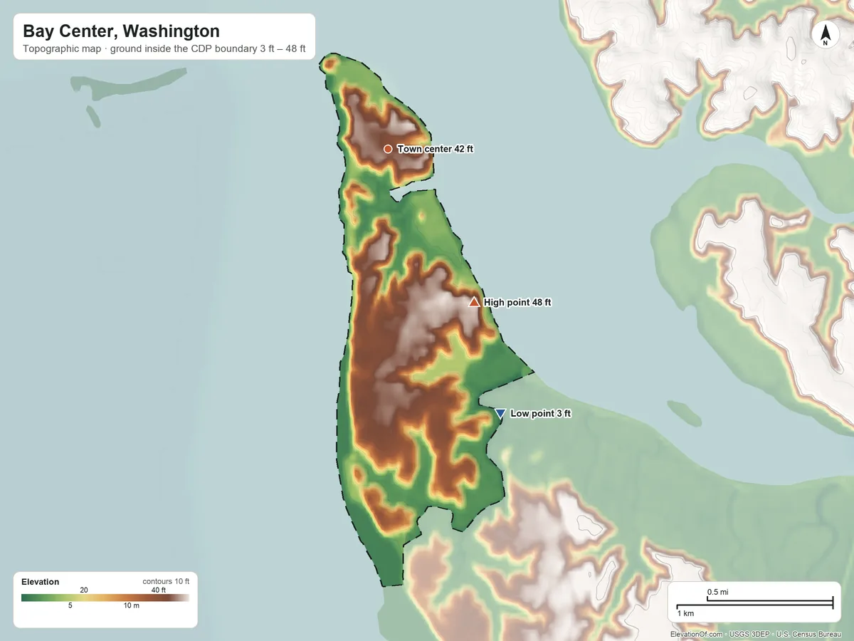 Topographic elevation map of Bay Center, Washington, shaded from 3 ft on the southeast side to 48 ft on the southeast side