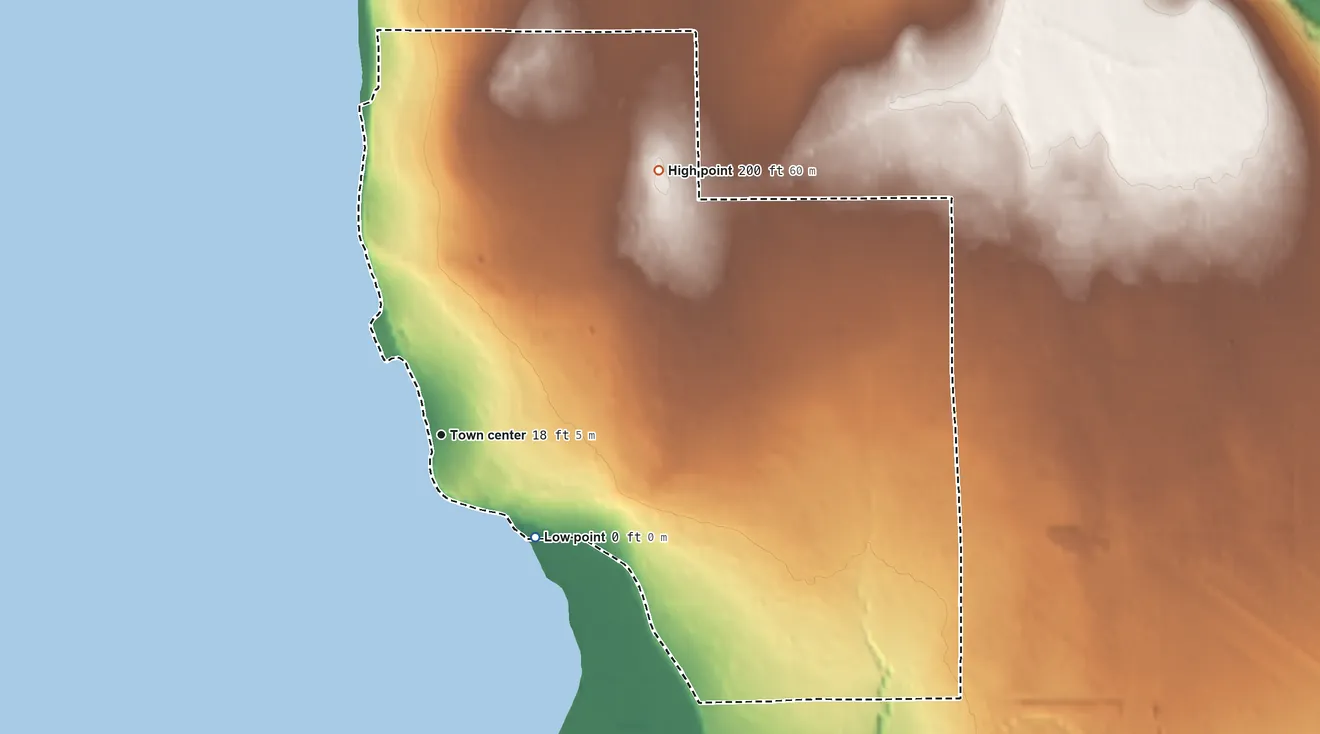 Topographic elevation map of Bay View, Washington, shaded from sea level level on the Salish Sea to 200 ft on the northeast side