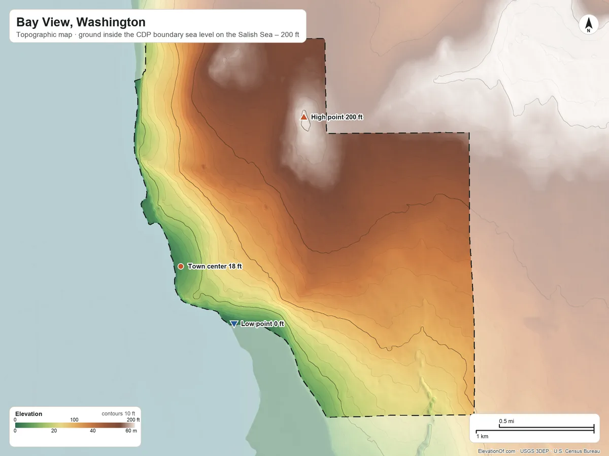 Topographic elevation map of Bay View, Washington, shaded from sea level level on the Salish Sea to 200 ft on the northeast side