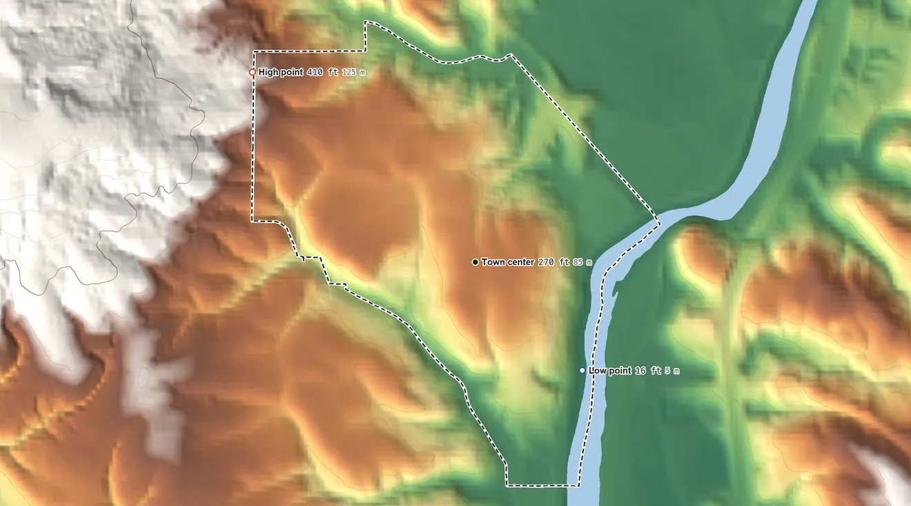Topographic elevation map of Beacon Hill, Washington, shaded from 16 ft on the southeast side to 410 ft at the foot of the Wilkes Hills