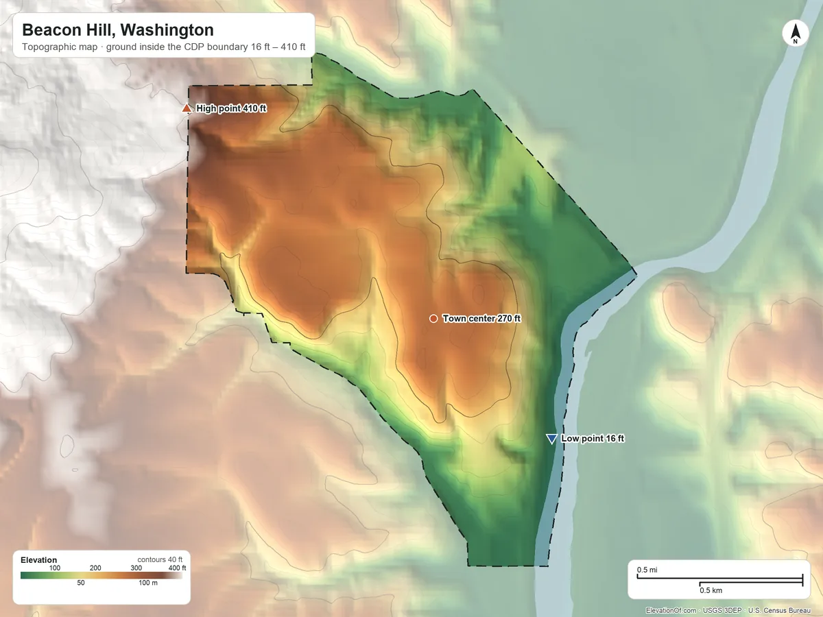 Topographic elevation map of Beacon Hill, Washington, shaded from 16 ft on the southeast side to 410 ft at the foot of the Wilkes Hills