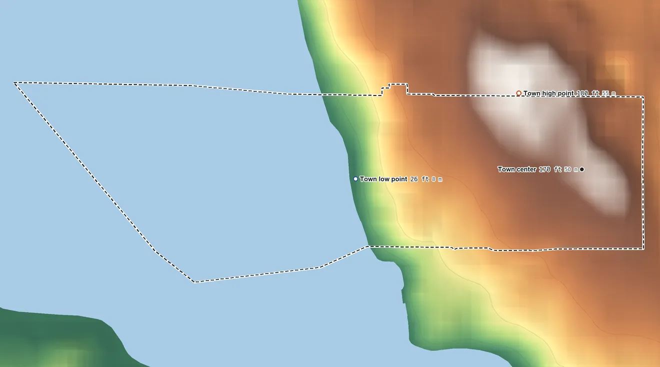 Topographic elevation map of Beaux Arts Village, Washington, shaded from 26 ft on the west side to 180 ft on the northwest side