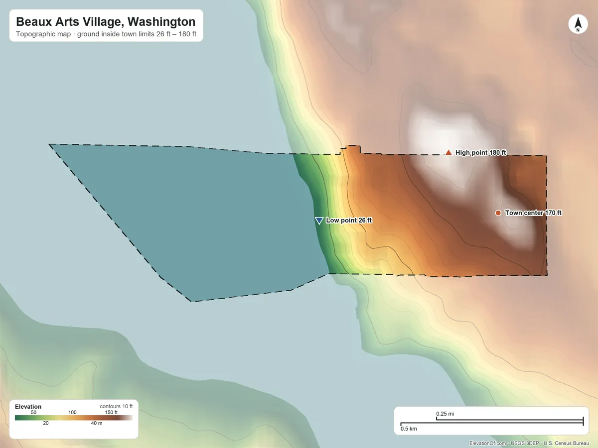 Topographic elevation map of Beaux Arts Village, Washington, shaded from 26 ft on the west side to 180 ft on the northwest side