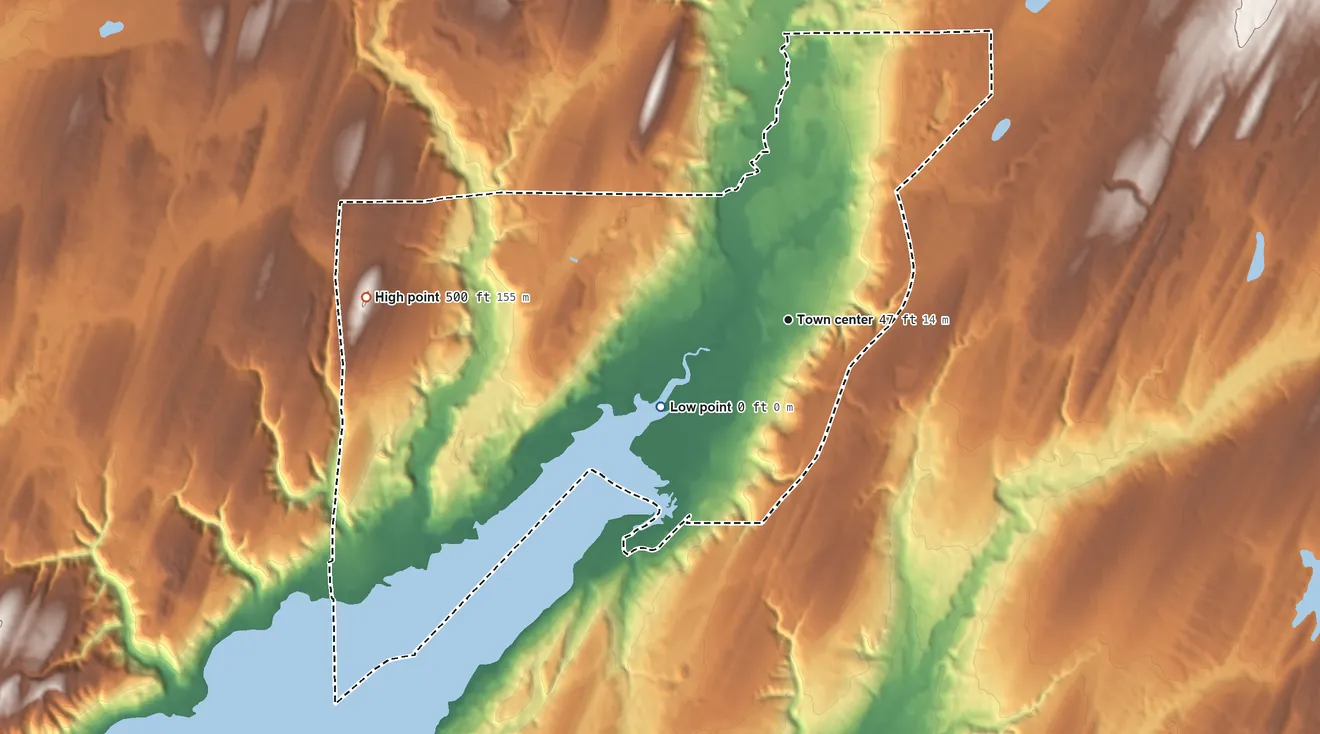 Topographic elevation map of Belfair, Washington, shaded from sea level level on Lynch Cove to 500 ft on the west side