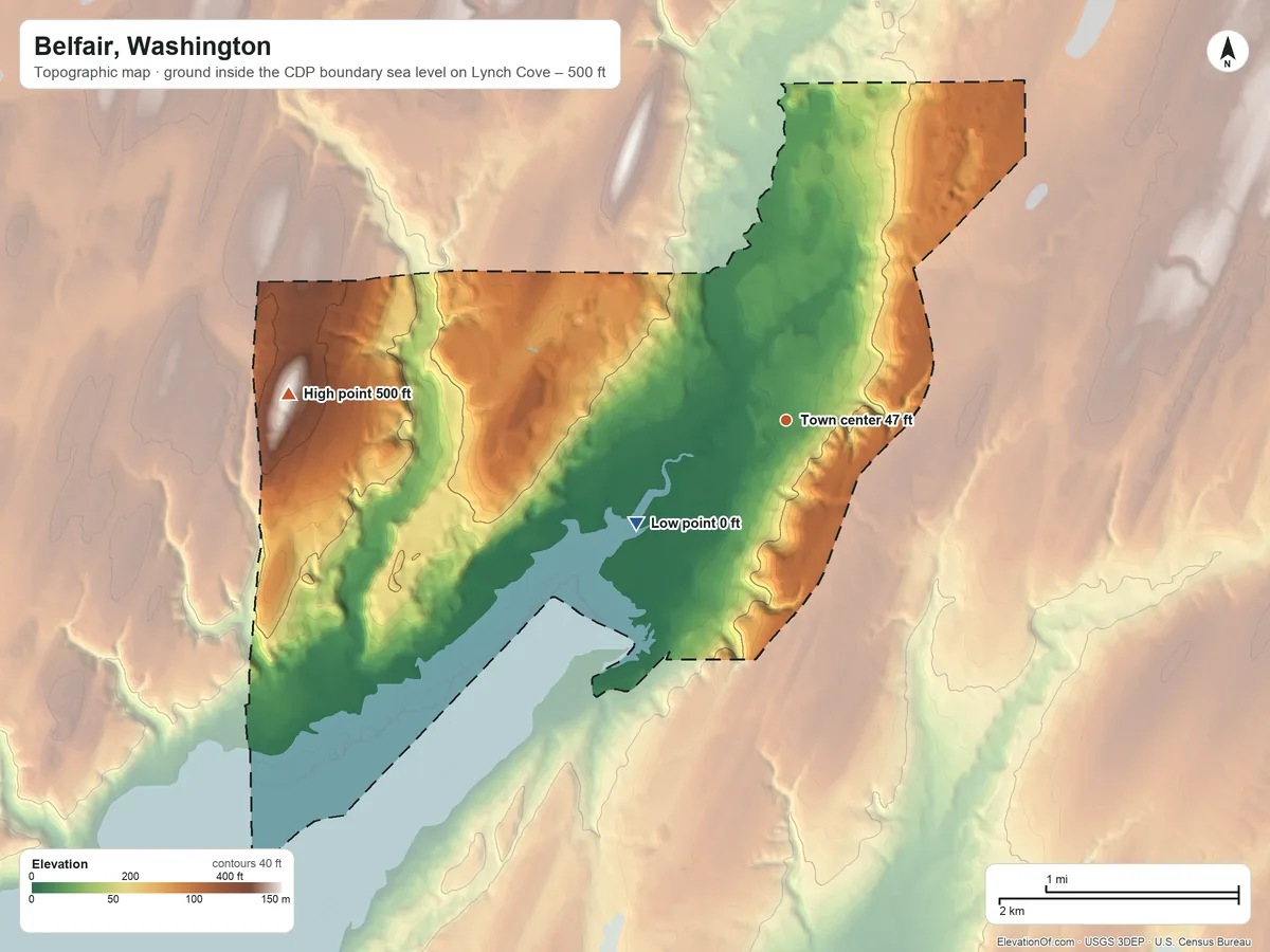 Topographic elevation map of Belfair, Washington, shaded from sea level level on Lynch Cove to 500 ft on the west side