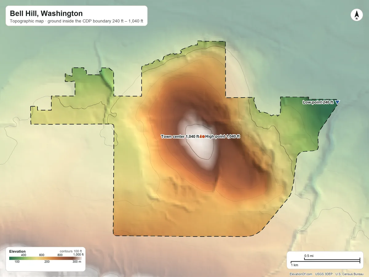 Topographic elevation map of Bell Hill, Washington, shaded from 240 ft on the east side to 1,040 ft on Bell Hill