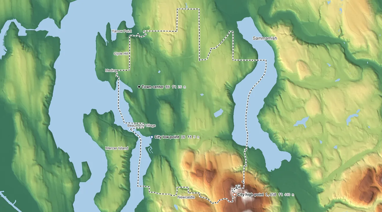 Topographic elevation map of Bellevue, Washington, shaded from 16 ft on the south side to 1,450 ft on the southeast side
