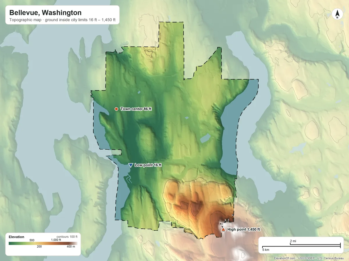 Topographic elevation map of Bellevue, Washington, shaded from 16 ft on the south side to 1,450 ft on the southeast side