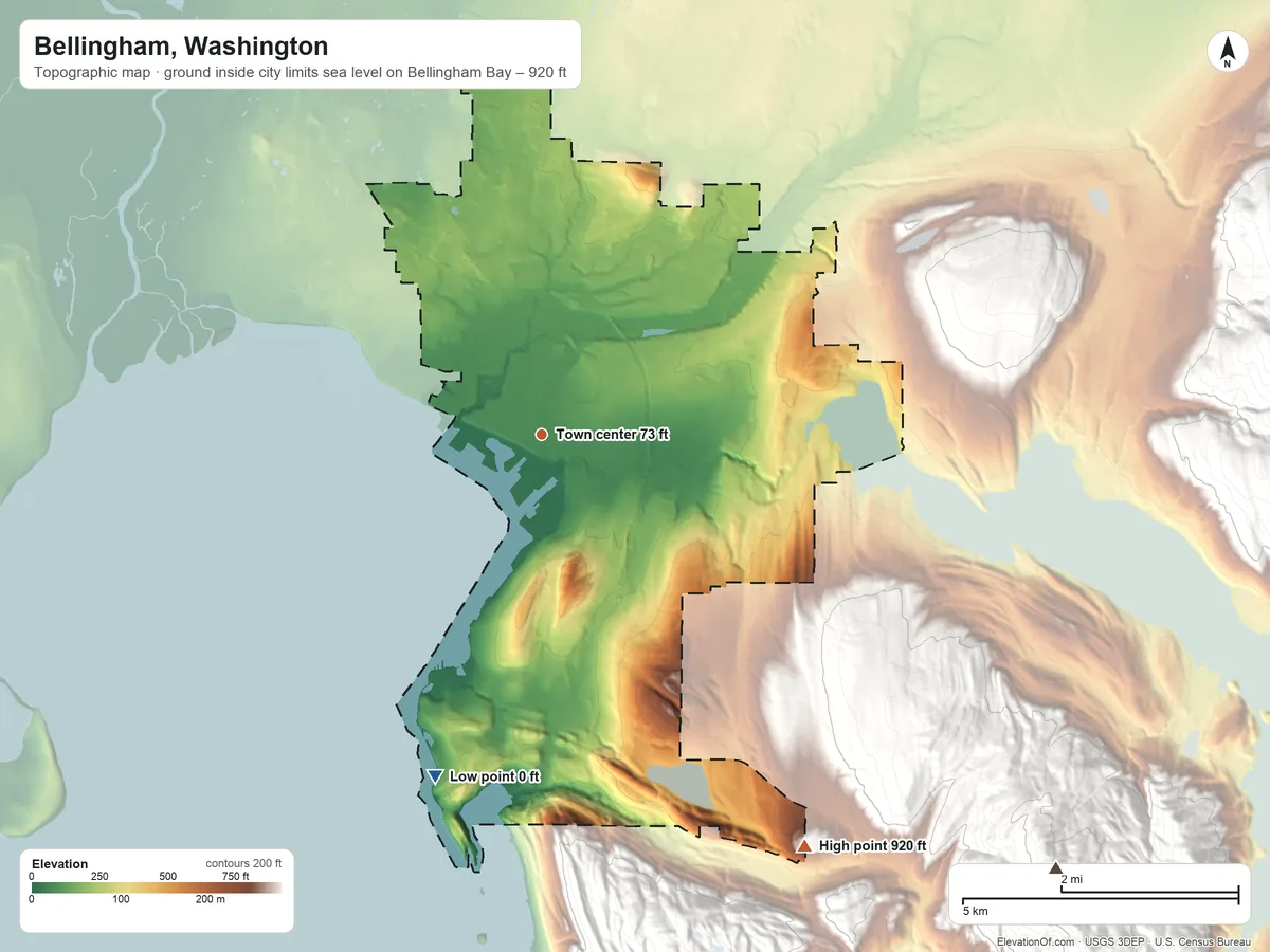 Topographic elevation map of Bellingham, Washington, shaded from sea level level on Bellingham Bay to 920 ft on the southeast edge, below higher ground just outside