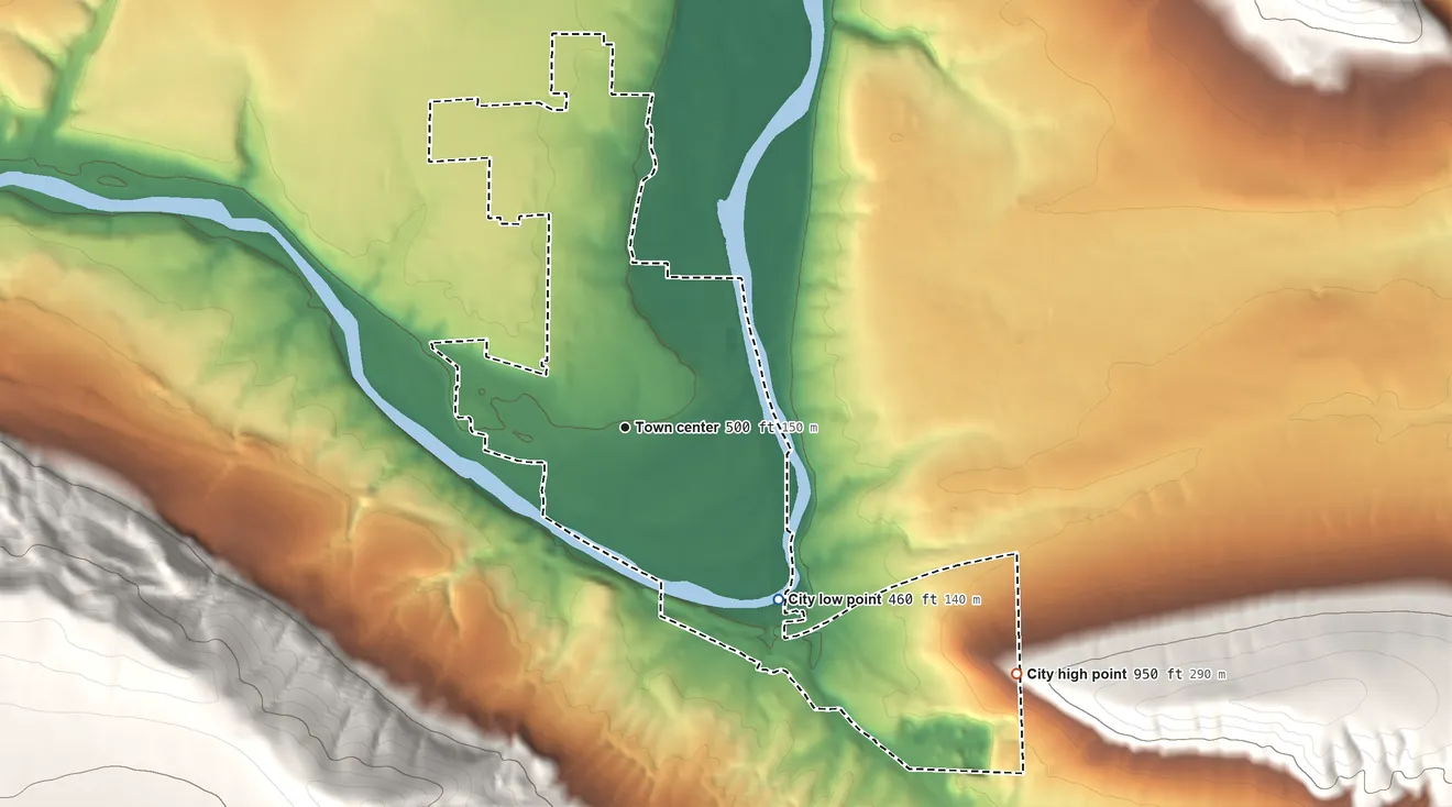 Topographic elevation map of Benton City, Washington, shaded from 460 ft on the southeast side to 950 ft on the southeast edge, below higher ground just outside