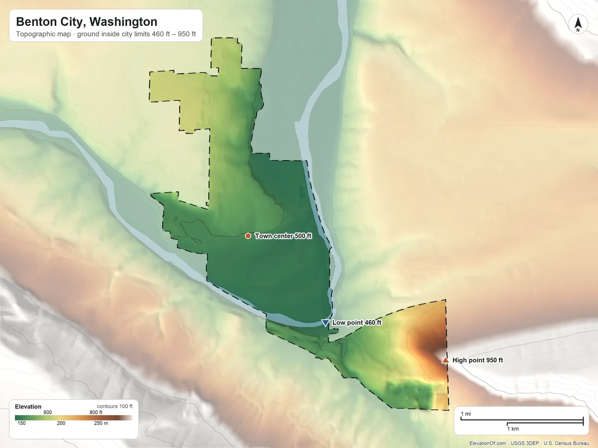 Topographic elevation map of Benton City, Washington, shaded from 460 ft on the southeast side to 950 ft on the southeast edge, below higher ground just outside