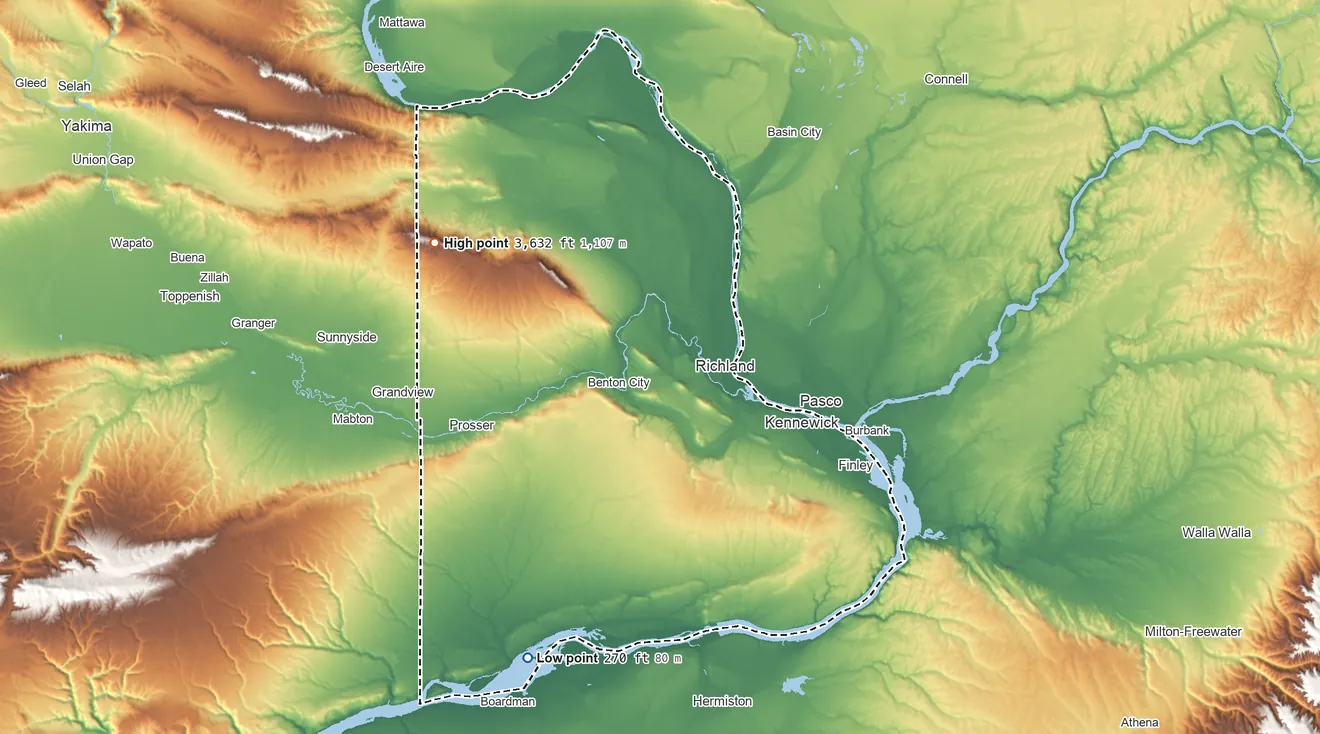 Topographic elevation map of Benton County, Washington, shaded from 270 ft on the southwest side to 3,632 ft on Lookout