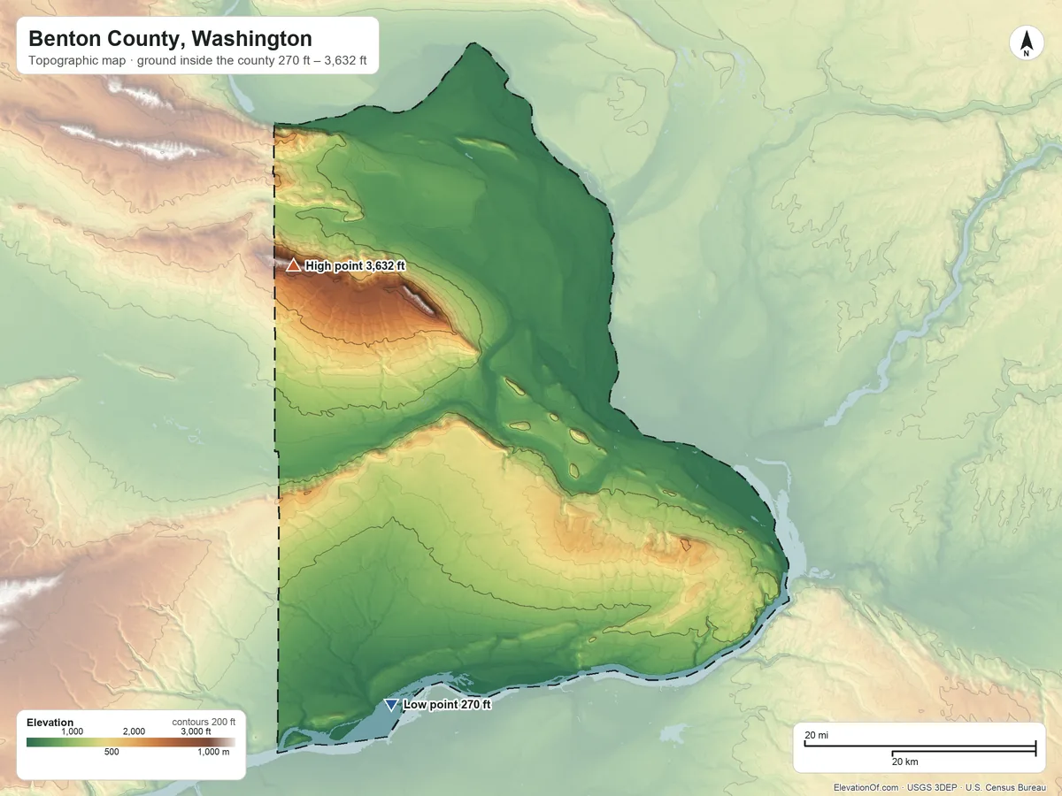 Topographic elevation map of Benton County, Washington, shaded from 270 ft on the southwest side to 3,632 ft on Lookout