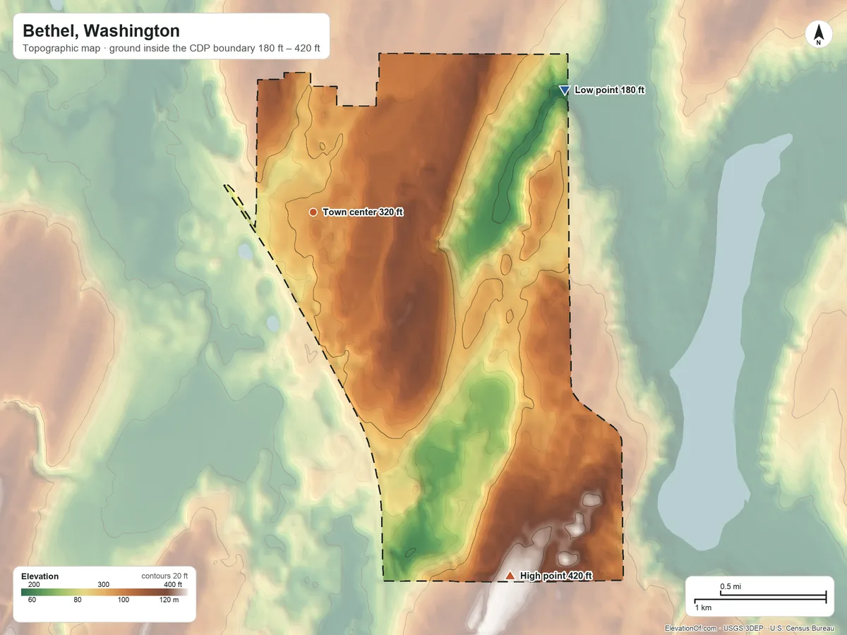Topographic elevation map of Bethel, Washington, shaded from 180 ft on the northeast side to 420 ft on the southeast side