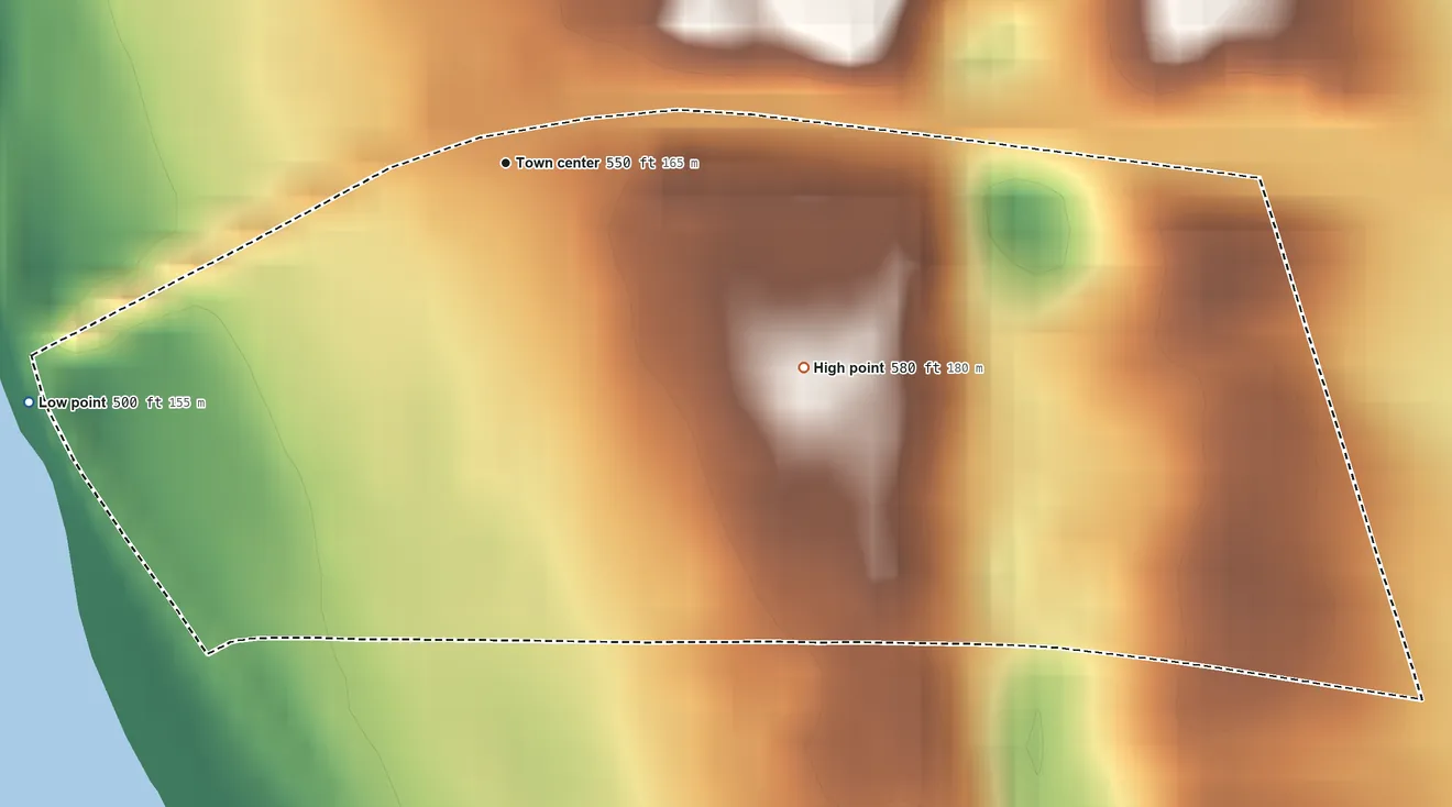 Topographic elevation map of Beverly, Washington, shaded from 500 ft on the southwest side to 580 ft at the foot of the Boylston Mountains