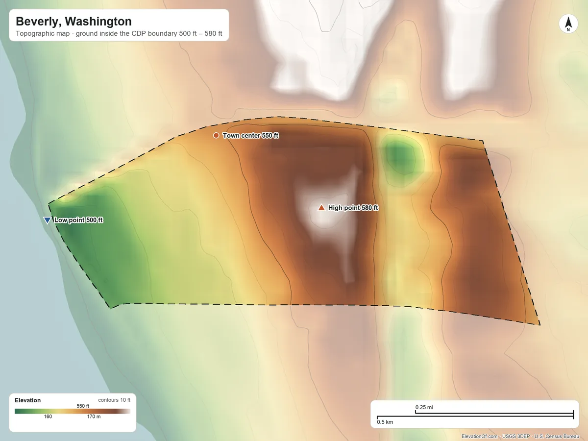 Topographic elevation map of Beverly, Washington, shaded from 500 ft on the southwest side to 580 ft at the foot of the Boylston Mountains