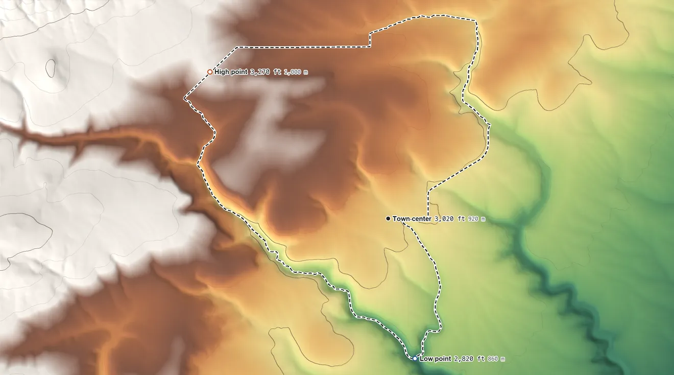 Topographic elevation map of Bickleton, Washington, shaded from 2,820 ft on the south side to 3,270 ft at the foot of the Horse Heaven Hills