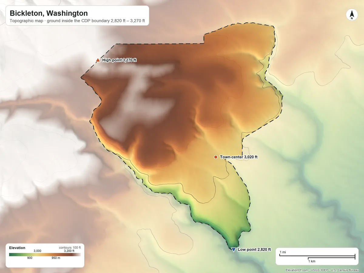 Topographic elevation map of Bickleton, Washington, shaded from 2,820 ft on the south side to 3,270 ft at the foot of the Horse Heaven Hills